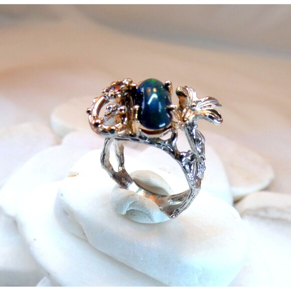 AAA 5ct Australian Black Opal-Hessonite Garnet Sterling Silver Ring Sz 8 - Picture 5 of 8